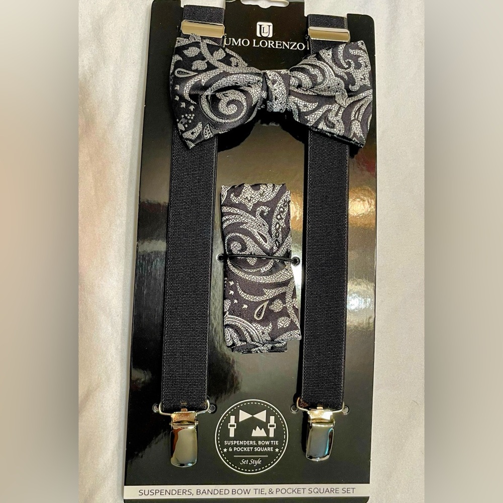 Men's Paisley Suspenders and Self-Tied Bow Tie with Pocket Square Hanky 3pc Set